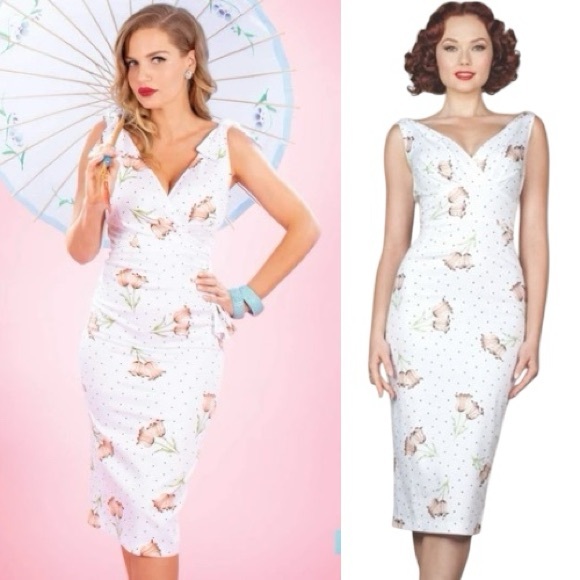 Stop Staring Dress Pinup Retro Fitted Stretch Sheath Wiggle White Floral Size XS - Picture 1 of 10